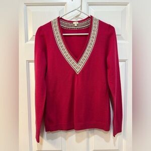 J. Crew Factory Pink Lambs Wool Sweater Deep Floral Trimmed V-Neck Size M